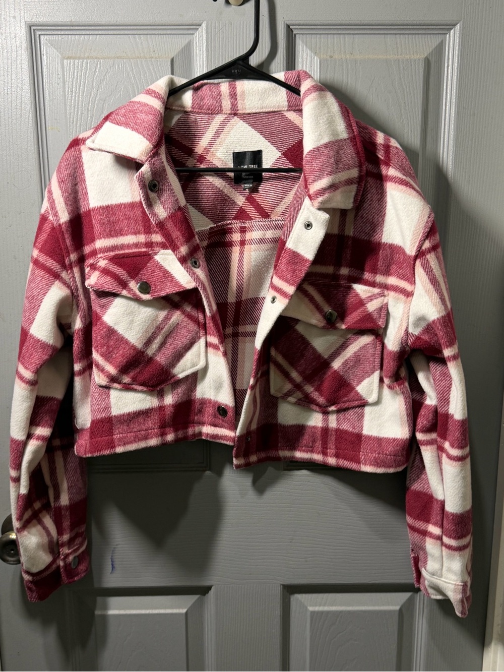 Love Tree Pink & White Cropped Plaid Shacket